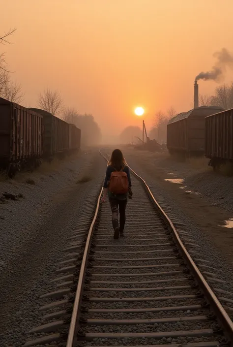 Image of a railroad with 3 sinuous and deteriorated train tracks to the horizon with freight cars from the 1980s quite rusty and abandoned on the left rail and another on the right rail ,  there is a surviving 20-year-old girl with a backpack on her back a...