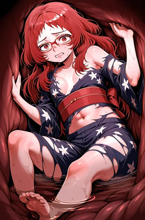 masterpiece, best quality,  absurdres, highres, cinematic light, 1girl,  miewz, red eyes, glasses, red hair, long hair, yukata, floral print, obi, japanese clothes,,
inside a stomach, stomach interior, scared face, sole feet, wet, torn clothes,
