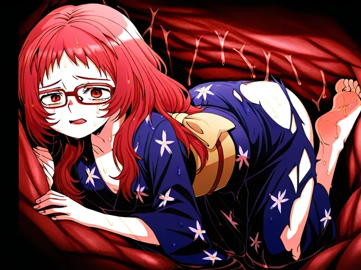 masterpiece, best quality,  absurdres, highres, cinematic light, 1girl,  miewz, red eyes, glasses, red hair, long hair, yukata, floral print, obi, japanese clothes,,
inside a stomach, stomach interior, scared face, sole feet, wet, torn clothes,
