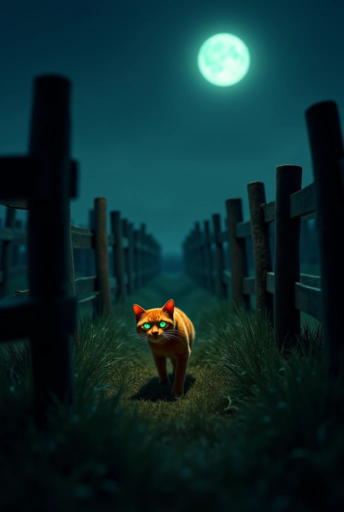 Scène 3 : L’Infiltration Nocturne

📍 Synopsis : Félix avance furtivement à travers la ferme, évitant les pièges et les chiens de garde.

🖼️ Prompt Midjourney :
"A stealthy orange cat creeping through a dark farm at midnight, its glowing green eyes scanning...