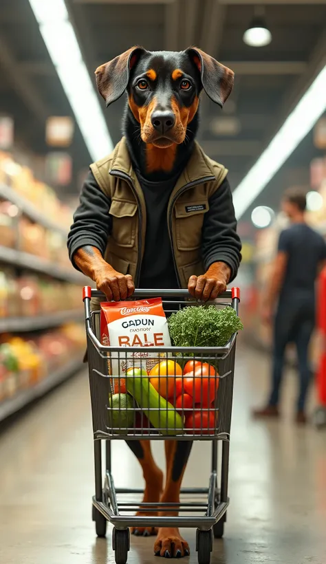  Large pinscher dog with droopy ears, wearing a casual vest, walking down the supermarket aisle pushing a shopping cart like a human, carrying dog food and fresh vegetables. Realistic, high-definition, human-style scene, bright supermarket background, and ...