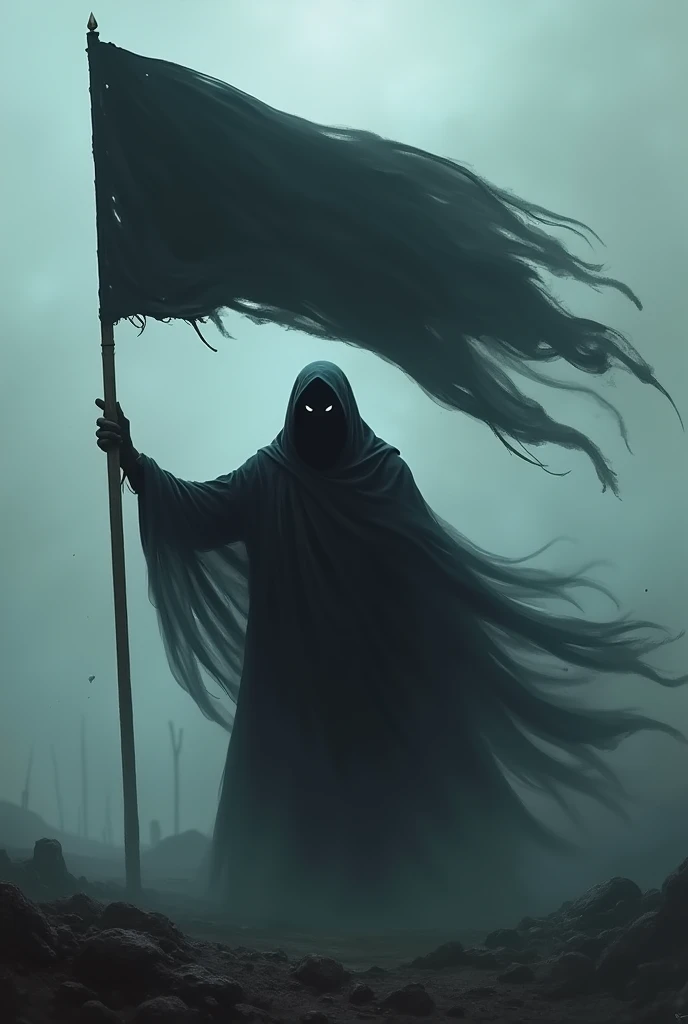 Image of a scary spirit holding a black flag Hyperreal 