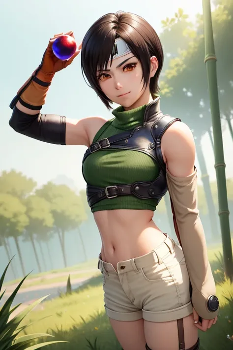 masterpiece, best quality, yuffie kisaragi, headband, green crop top, shoulder armor, armguard, fingerless gloves, tan shorts, single thighhigh, fishnets, upper body, looking at viewer, furrowed brow, smug smile, closed mouth, grass, bamboo, sky, holding u...