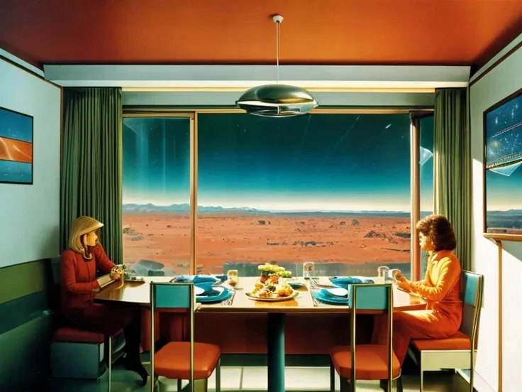   futuristic retro design  , large cozy room  ,  the family has lunch at a table  , on the walls,  posters,  promoting a flight to Mars  , sick TV  ,   behind a large panoramic window ,  the amazing Martian landscape, 70s Sci-Fi Art 