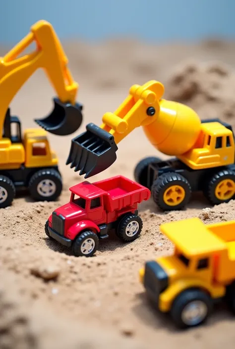 This image shows 16:9 Ratio toy construction vehicles in a sandy environment. There's an excavator, a crane truck, a cement mixer, and a tractor. The excavator and crane are working together to pull a red toy truck out of a hole in the sand. The scene appe...