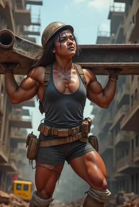 A photo of a cute and strong and muscular girl at a busy building construction site.she has strong muscular arms and legs. She is wearing casual sleeveless clothes underneath her safety gear. She is carrying a massive heavy steel girder on her shoulder,she...