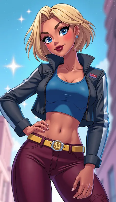 (Close up), ((Kara from DC Super Hero Girls 2019)), short blonde hair, Kara is an attractive, fair-skinned age Kryptonian with a muscular-yet-curvaceous figure, and short blonde hair with paler-colored streaks, cut into a messily  -styled bob cut with an u...