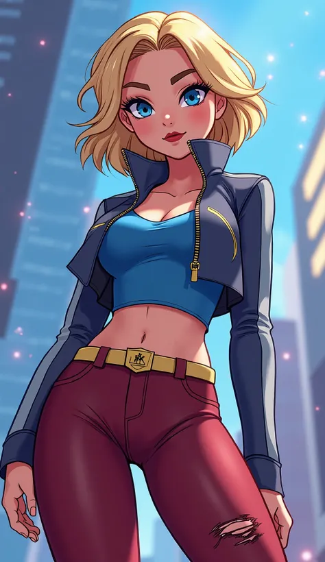 (Close up), ((Kara from DC Super Hero Girls 2019)), short blonde hair, Kara is an attractive, fair-skinned age Kryptonian with a muscular-yet-curvaceous figure, and short blonde hair with paler-colored streaks, cut into a messily  -styled bob cut with an u...