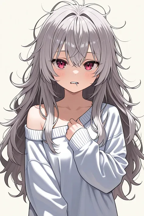 ALTILIA 01F1 , 1 girl,Alone, long hair,Gray Hair,White clothes, no .6,Messy Hair, dress,  sweater , and stare at the viewer, off shoulder,chest,  simple background , mouth, shoulder out,chest元,平らなchest, Seated , sleeve length is longer than wrist, Long Sle...