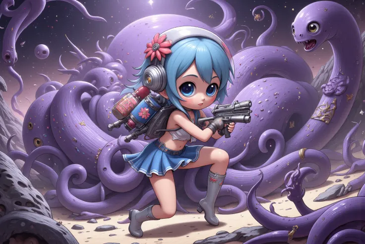 a sexy space warrior (cute, bubble helmet, adorable jetpack with flower stickers, blue sexy sailor string bikini  uniform with big collar and blue frilled micro skirt, metallic knee high jet boots with flower stickers, huge laser rifle, skin has a light bl...