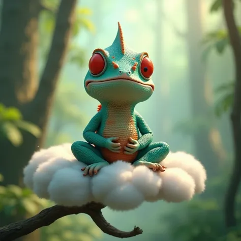 A 3D cartoon, anthropomorphic turquoise and red chameleon sits on a cloud above a tree branch in the forest, and, with his hands down, meditates, Masterpiece, 3D-rendering, Pixar, Best Quality, Anatomically Correct.