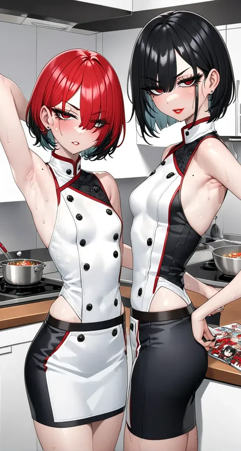 female character, adult woman, clear piercing eyes, red eyes, red lightning hair, short hair tucked in, black make-up visible around eyes, long eyelashes, red cheeks, full view of character, visible and detailed moles, sweat, cook room decoration, elegant ...