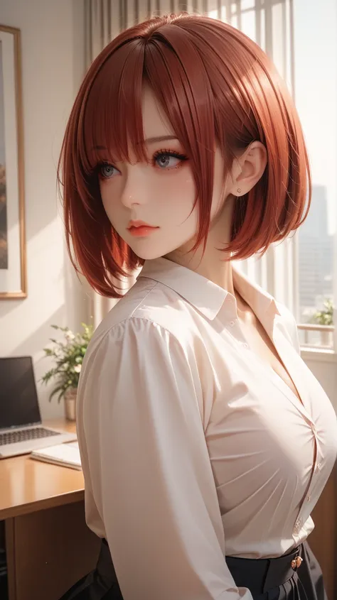 Beautiful Park Bom mature alone women red  bob cut hair very big boob red office suit upper body short ultra HD quality detail serious look dramatic camera angle