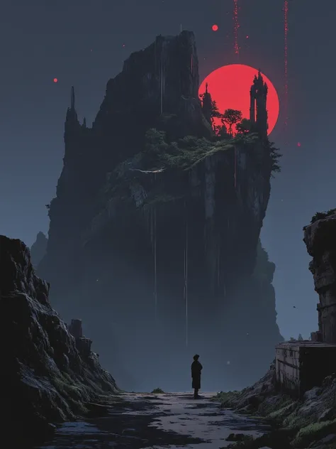 Minimalist art of a floating cliff on dark gray blue, long shadows projected and a lone figure, gigantic ruins artifact, glimmering sky of red particles on completely black sky.