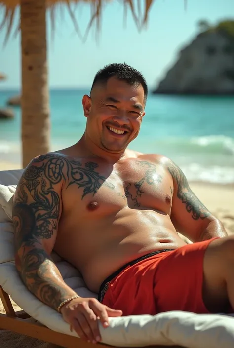 Full body view from 3/4 angle perspective of a handsome Chinese man beefy shirtless 40-year-old handsome Chinese man lounging in luxurious beach chaise on sandy beach, rounded firm body, round beefy chest, tattooed body, olive skin, detailed handsome ethni...