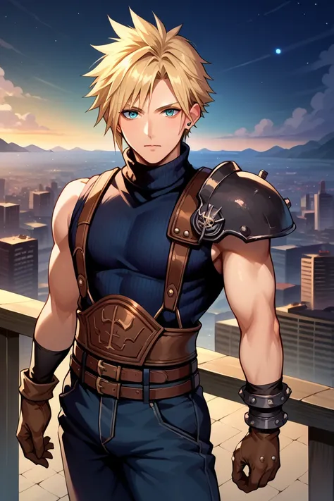 score_9, score_8_up, score_7_up, score_6_up, source_anime, 1boy, male focus, solo BREAK  defCloud, blonde hair, single earring, suspenders, shoulder armor, sleeveless turtleneck, belt, baggy pants, gloves, furrowed brow, looking at viewer, cityscape, night...