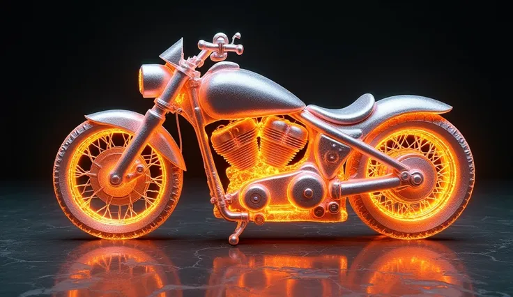 A motorcycle made of molten glass, with cracks revealing glowing magma beneath the surface.