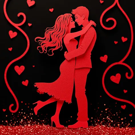 a romantic, stylized, paper cut-out illustration of a couple embracing.  red, textured silhouettes of a man and woman, hugging close, appear to be sculpted from glittery, granular material. the couple is depicted in a loving embrace, facing forward, and ar...