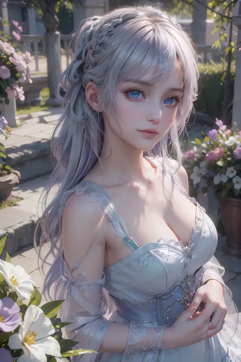 The tooltip for a given topic is as follows: "Girl with a European face, Aryan face, Silvery-purple hair, pale purple blue hair, Bright blue eyes, hair tied and falling over the right shoulder. she has a (Best Quality, 4k, 8K, hight resolution, Masterpiece...