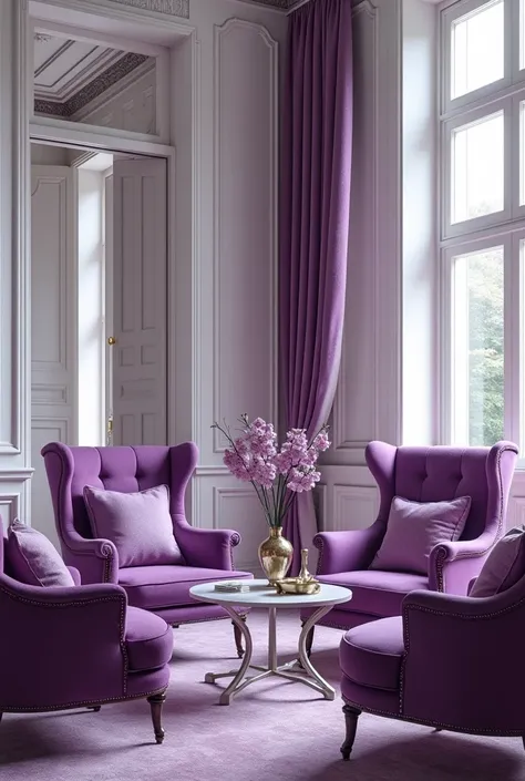 A beautiful room in purple and white, with chairs and a sofa. 