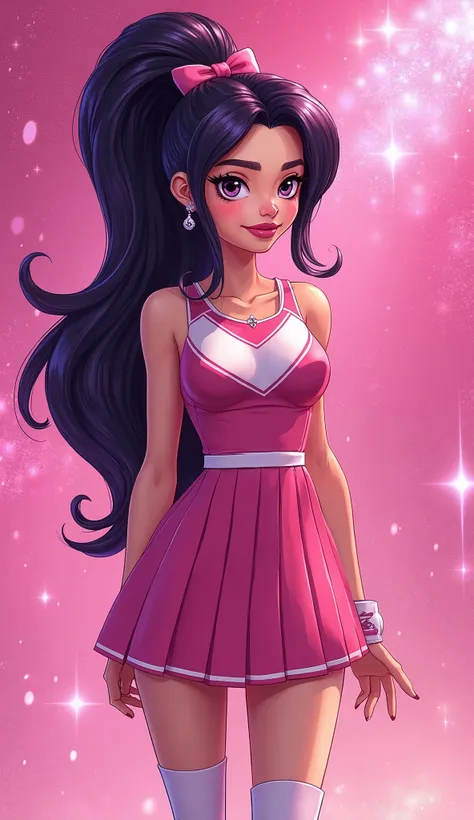 ( Close up ) , ( Close up from top of head to bottom of thigh ), (Carol Ferris from DC Super Hero Girls 2019), (long purplish-black hair ), (ponytail hairstyle), (sparkly purplish-black hair), (purplish-black hair elegant) (Dark purplish-black hair), Carol...