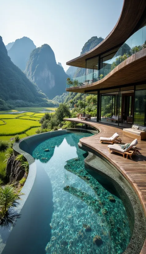 "A luxurious modern villa seamlessly blending with nature, set in a lush green valley surrounded by towering karst mountains. The villa features an elegant curved design with floor-to-ceiling glass walls, offering breathtaking views of rice fields and a ge...