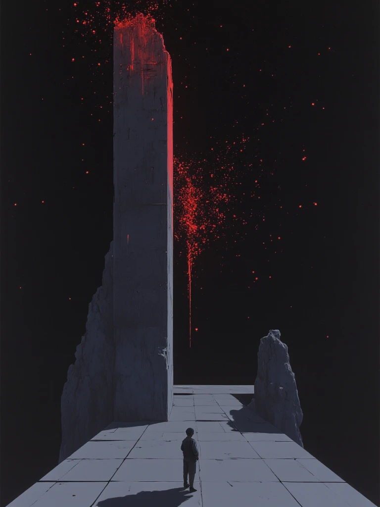 Minimalist art of a floating cliff on dark gray blue, long shadows projected and a lone figure, gigantic ruins artifact, glimmering sky of red particles on completely black sky, geometric shapes, dedocaedrus, ultra low angle view toe to head.