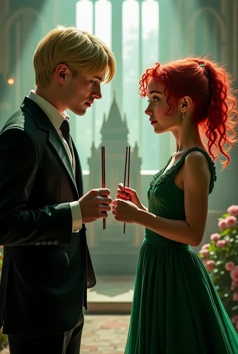 Draco Malfoy dressed in an elegant dress and a girl with curly and red hair in a long green dress looking into each other's eyes, challenging each other with chopsticks and in the background the Slytherin House