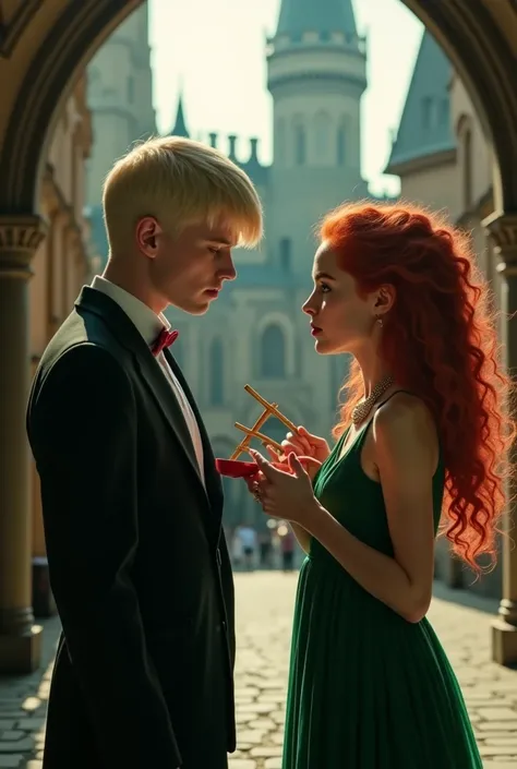 Draco Malfoy dressed in an elegant dress and a girl with curly and red hair in a long green dress looking into each other's eyes, challenging each other with chopsticks and in the background the Slytherin House