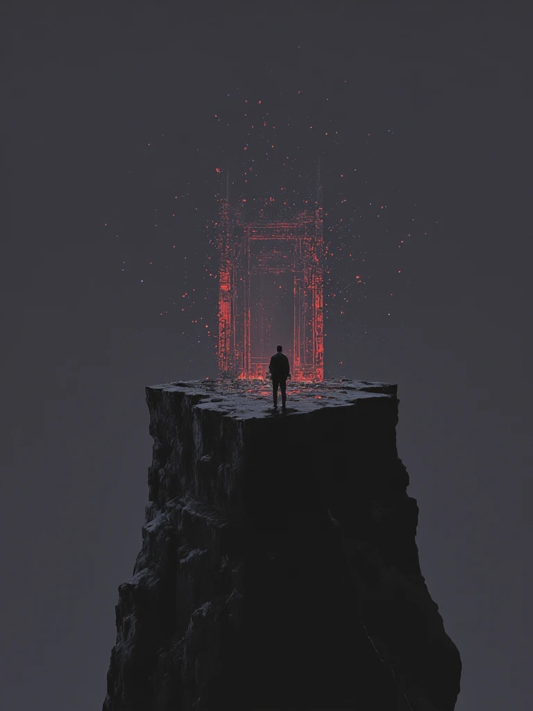 Minimalist art of a floating cliff on dark gray blue, long shadows projected and a lone figure, gigantic ruins artifact, glimmering sky of red particles on completely black sky, geometric shapes, dedocaedrus, ultra low angle view toe to head.