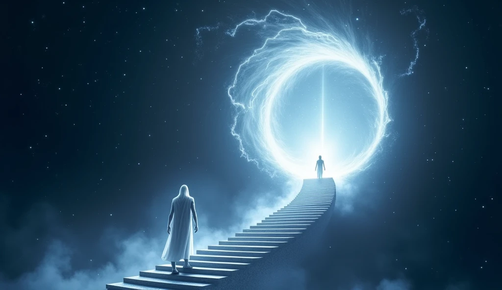 Infinite staircase to portal passage to paradise white fire, During the dark night , Epic scenario , White Soul Flying 
