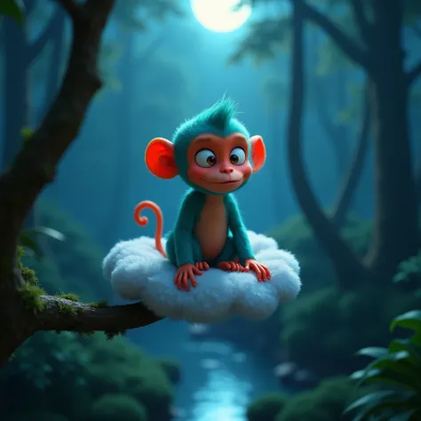 A 3D cartoon, anthropomorphic turquoise and red little lightning monkey sits on a cloud above a tree branch in the forest, and meditates, night, moonlight, river, jungle, Masterpiece, 3D-rendering, Pixar, Best Quality, Anatomically Correct, Close-up