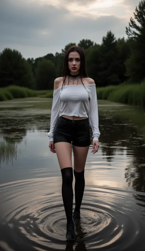 (Full Body Shot, Rainstorm, DUSK, ((woman in swamp, 20 years old, soaking wet, dark long hairs,))(Choker, black, goth, soaking wet,)((black lipstick, goth makeup,))(wet skinny sweatshirt, white, bare shoulders, Soaking wet,)(wet skinny jeans shorts, black,...