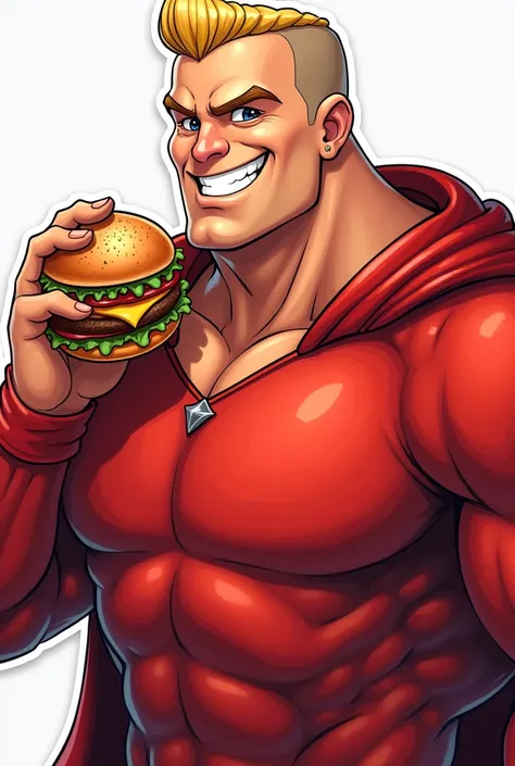 Man strong fat hero with red red long sleeve blouse clothes calluses shaved blond very short eating a hamburguer snack in cartoon art style with a huge captivating smile style sticker with red superhero uniform