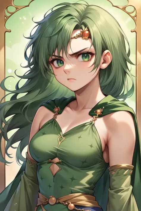 score_9, score_8_up, score_7_up, source_anime BREAK 1girl, solo, rydia, long hair, green hair, green eyes, circlet, hair ornament, green cape, green leotard, pelvic curtain, detached sleeves, upper body, looking at viewer, abstract background, serious