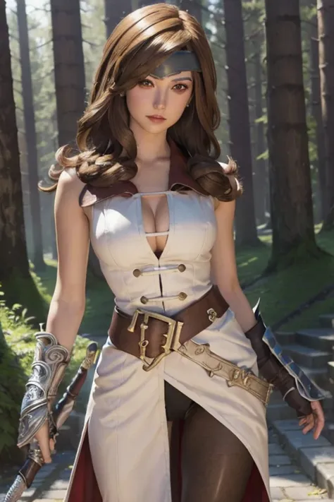 beatrix, beatrix, (brown eyes:1.7), brown hair, drill hair, eyepatch,
BREAK armor, belt, black pantyhose, boots, dress, gauntlets, gloves, greaves, pantyhose, shirt, sleeveless, sleeveless shirt, white dress,
BREAK looking at viewer,
BREAK outdoors, forest...