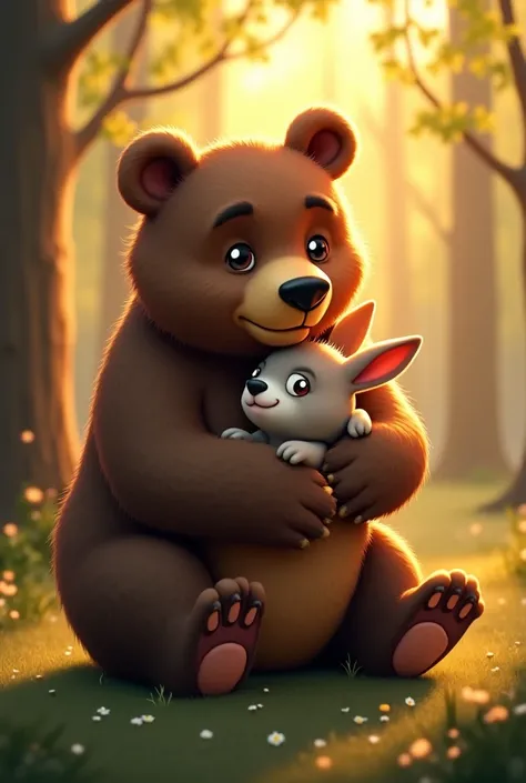 "A gentle and caring bear carefully picking up an injured rabbit in its large paws. The rabbit looks weak but safe in the bear’s embrace. The forest around them is peaceful, with warm evening light casting a golden glow on the scene. The bear’s expression ...