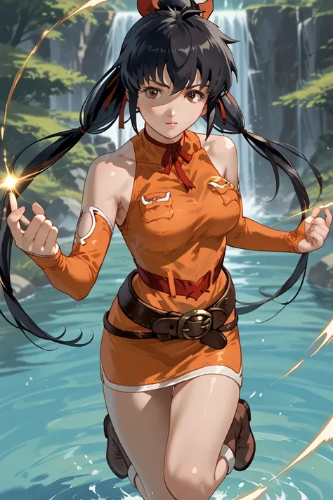 score_9,score_8_up,score_7_up, lisa_pacifist, black hair, 1girl, solo, ponytail, twintails, long hair, breasts, black hair, brown eyes, parted lips,  detached sleeves, bare shoulders, ribbon, belt, hair ribbon,  elbow gloves, dress, sleeveless, orange shir...