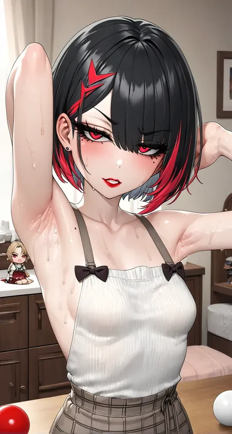 female figure, adult female, clear piercing eyes, red eyes, red lightning bolt hair, short hair tucked in, black makeup visible around eyes, long eyelashes, red cheeks, full view of figure, moles visible and detailed, sweat, cook's bedroom decoration in lo...