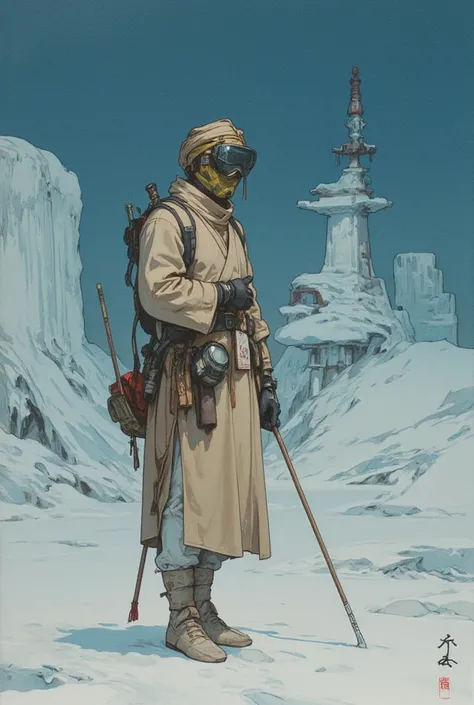   photo inspired by the Kubrick movie  ,  film photos, ice desert  , Arabischerman  , masked ,  Robe Besch Beige  , turban ,Glacier goggles  , Fighting stick , naive art  , Ice Wind dale d&d  , detailed gouache paintings  , dusk landscape   , Gouache-Illus...