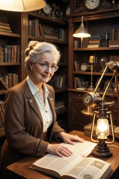 "A detailed portrait of an elderly scientist jerking off to cum in a steampunk laboratory, surrounded by intricate machinery, ancient books, and the glow of copper lamps."