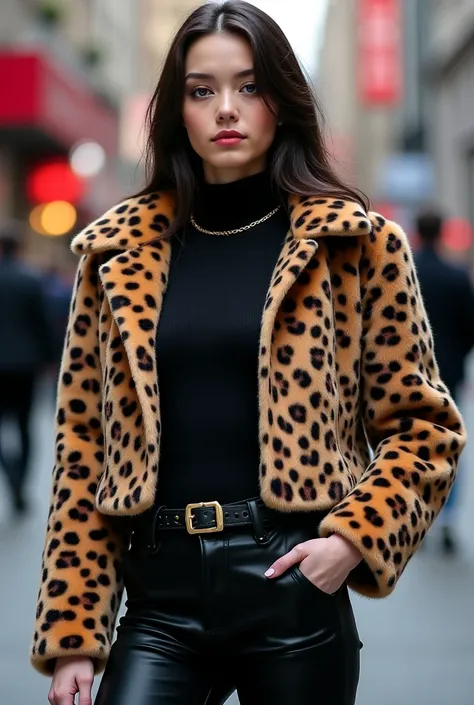 Girl wearing black outfit with Leopard print fuzzy short coat