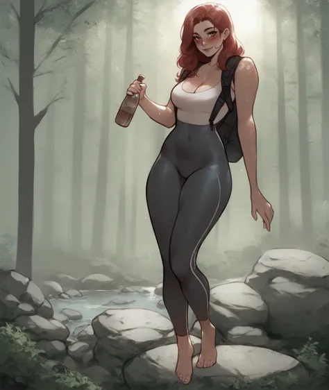 standing, cleavage, full body, seen from front, red blushing, level view, seen from front, looking at viewer, wearing sexy tight hiking clothing, large perky breasts, well trained, blushing, sexy, long hair, detailed eyes, sweaty body, sexy, exhausted smil...