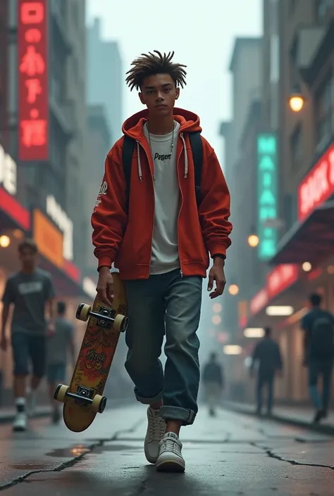 Persona skater,  walking down the street. carrying your skateboard or skateboarding on your back either in a skate bag or placed in a bag over your back, Carrying it on his back Malparida AI