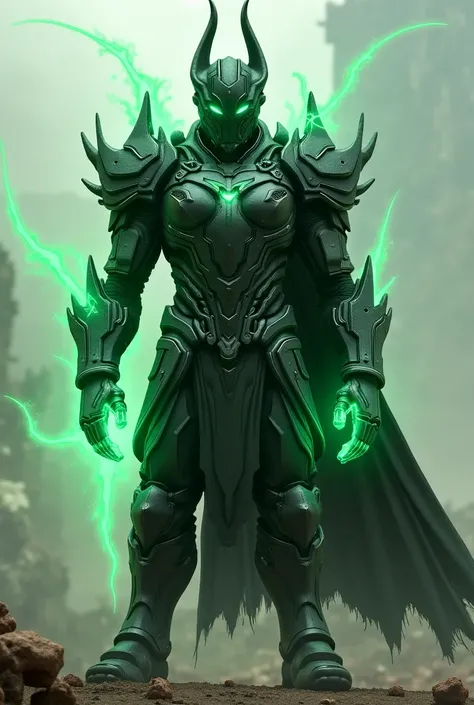 Sci-fi Demon Knight with dark green energy breeding from his power armor 