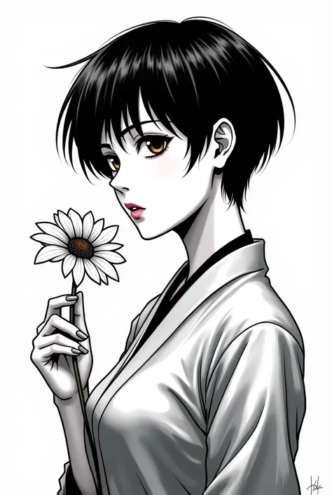 CREATE A MANGA STRIPE IMAGE IN BLACK AND WHITE AS A SHORT-HAIRED WOMAN HOLDING A HIKANBANA FLOWER 