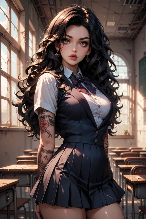 Gothic schoolgirl, 19 years old, perfect figure, 3-cup breasts, abandoned school in the background, black school uniform, long fluffy hair, delicate skin, tattoos on the body, plump lips, brown eyes, short skirt