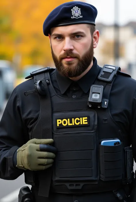 A male tactical officer with a serious and confident expression. He has a thick, well-groomed beard, focused eyes, and a determined expression. He is wearing a high-quality black tactical uniform with multiple layers of protection, buckles, and utility poc...