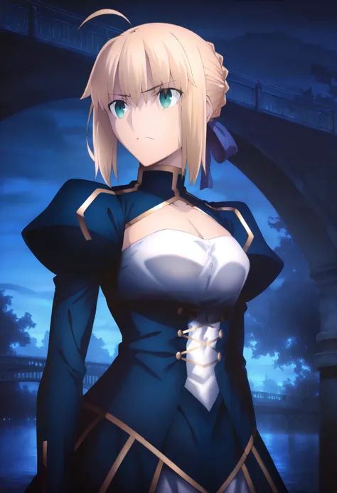 masterpiece, best quality, amazing quality, very aesthetic, absurdres, newest, scenery, 1girl, solo, huge breasts, serious, closed mouth, artoria pendragon (fate), saber (fate), blonde hair, green eyes, ahoge, hair ribbon, blue ribbon, french braid, braide...
