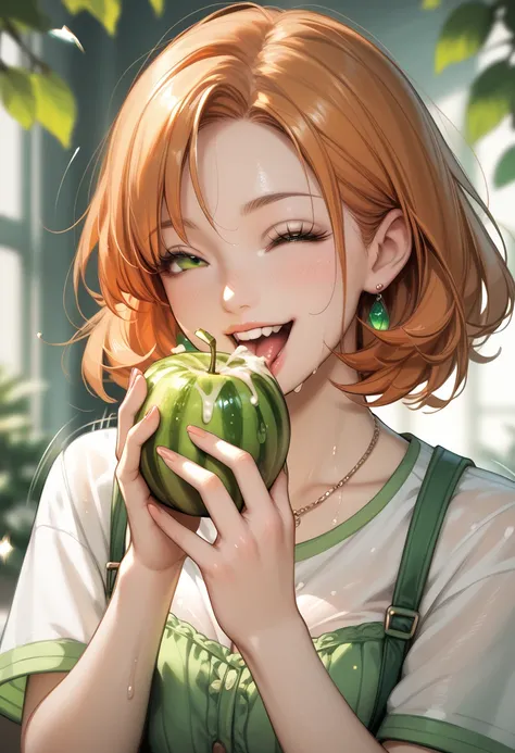 sexy anime babe (happy and horny), handjob gesture, bouncing, (((motion line))), kiss to wet gigantic bold long green fruit shaped nsfw, transparent green fruit, orange hair, yellow wears anime, hentai, cartoon, hardcore hentai, cum on fruit, from front, p...